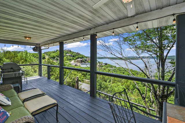 147 Liberty Ln, Kimberling City, MO 65686 - wooden terrace with a water view and grilling area