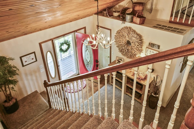 147 Liberty Ln, Kimberling City, MO 65686 - stairs featuring wood ceiling and a chandelier