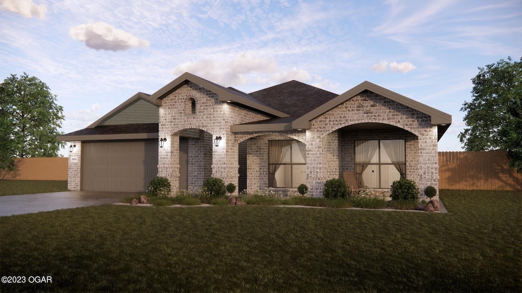 814 Blackthorn Dr, Carl Junction, MO 64834 - french country home featuring fence, an attached garage, driveway, brick siding, and stone siding