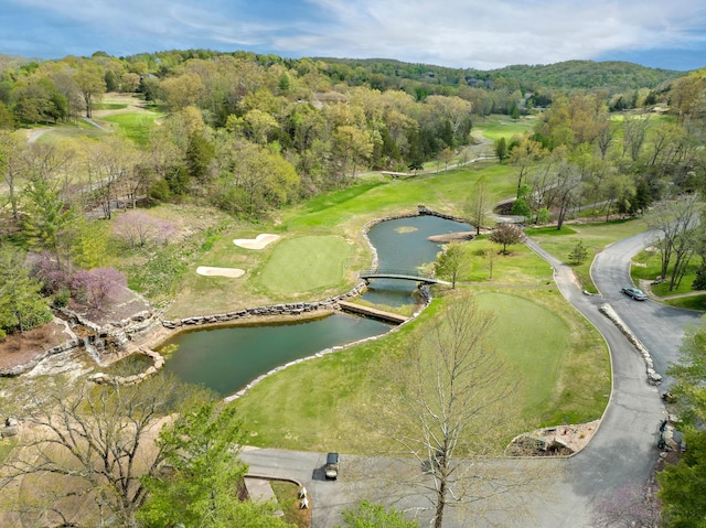 view of property's community featuring a water view, view of golf course, and a wooded view