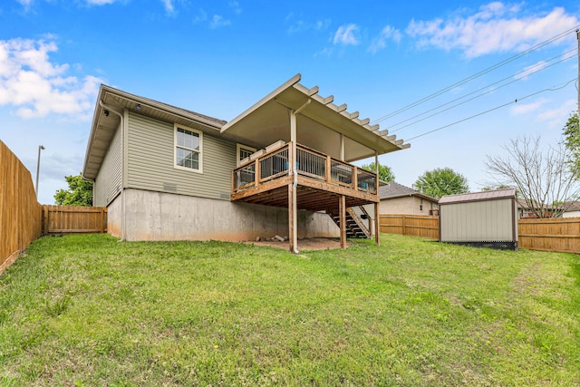 3742 W Village Ter, Springfield, MO 65810 - back of house with stairs, a wooden deck, an outbuilding, and a storage unit