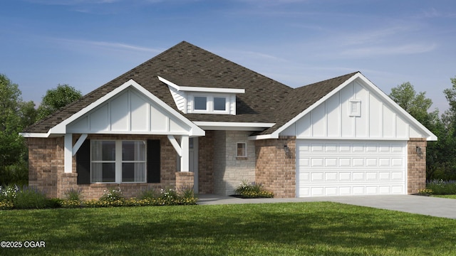 view of front of home featuring board and batten siding, concrete driveway, a front lawn, an attached garage, and a shingled roof