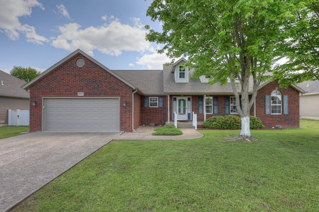 view of front facade featuring brick siding, driveway, an attached garage, a front lawn, and roof with shingles