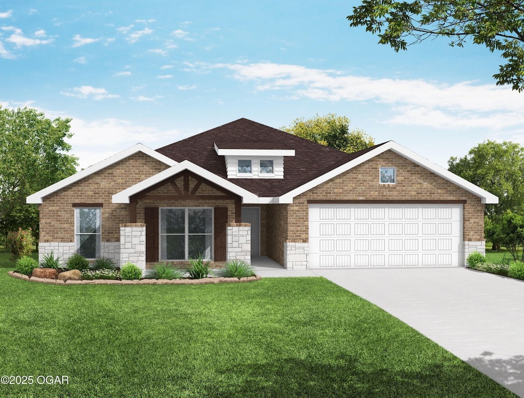 view of front facade with a front lawn, brick siding, an attached garage, concrete driveway, and a shingled roof