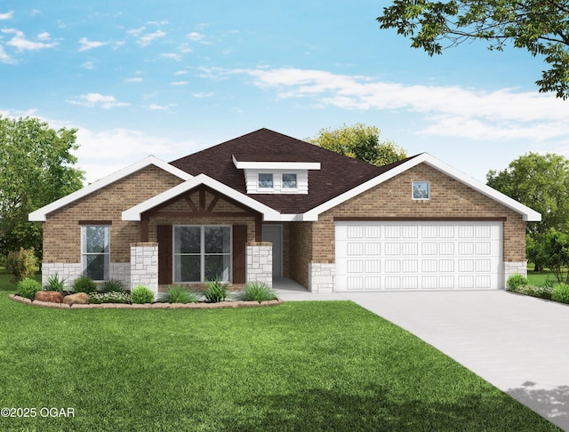 view of front facade with a front lawn, brick siding, an attached garage, concrete driveway, and a shingled roof