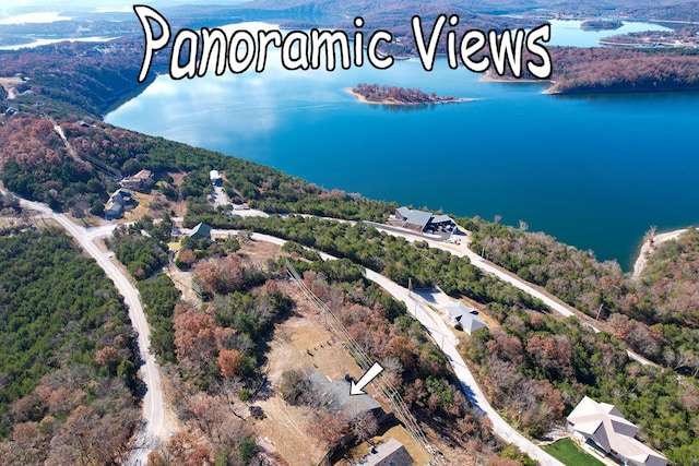 drone / aerial view of a nearby body of water and a forest