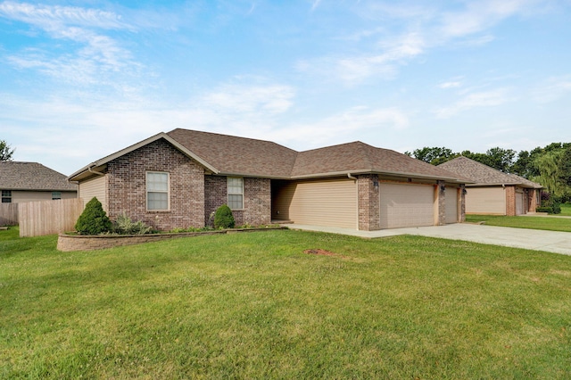 ranch-style home featuring a garage, brick siding, driveway, and roof with shingles