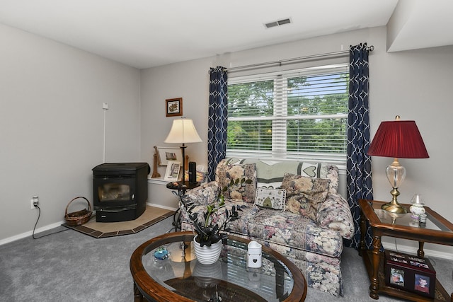 138 Canyon Forest Cir, Kimberling City, MO 65686 - living area with a wood stove, carpet flooring, and baseboards
