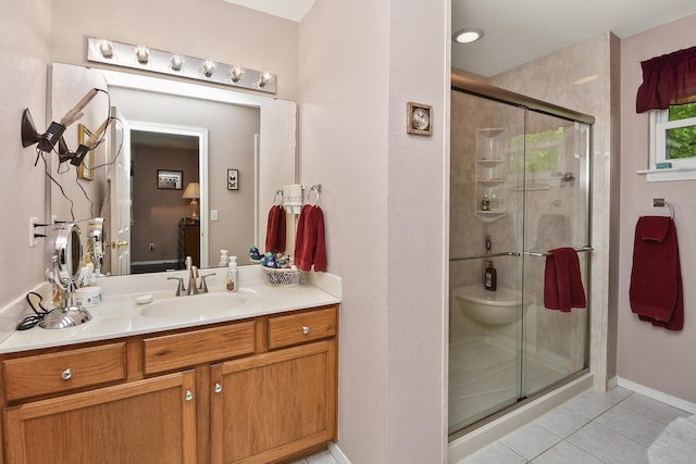 138 Canyon Forest Cir, Kimberling City, MO 65686 - bathroom with tile patterned flooring, a stall shower, and vanity