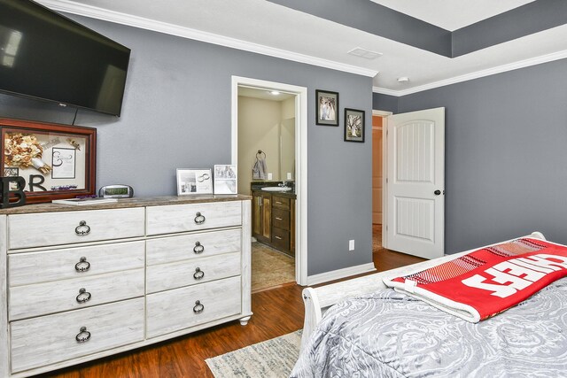 2107 S Gristmill Ct, Ozark, MO 65721 - bedroom featuring ornamental molding, dark wood-style flooring, ensuite bathroom, and baseboards