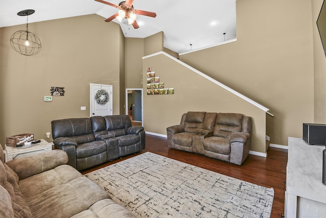 2107 S Gristmill Ct, Ozark, MO 65721 - living area featuring high vaulted ceiling, ceiling fan, dark wood-style floors, baseboards, and stairway