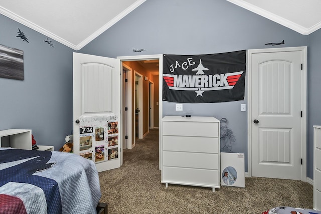 2107 S Gristmill Ct, Ozark, MO 65721 - bedroom with vaulted ceiling, ornamental molding, and dark carpet