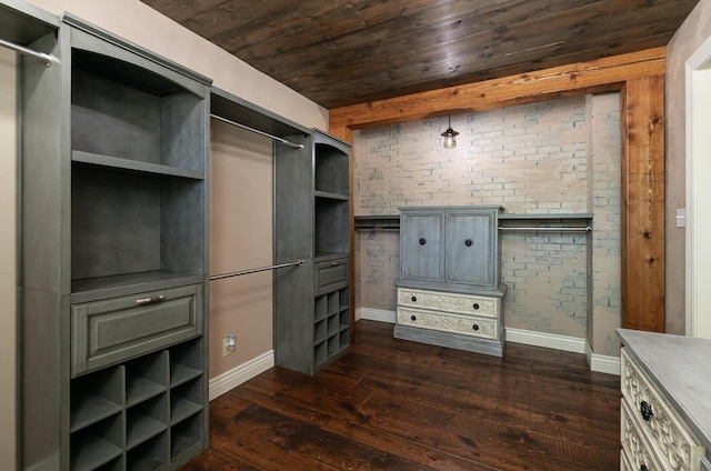 walk in closet with dark wood-style floors