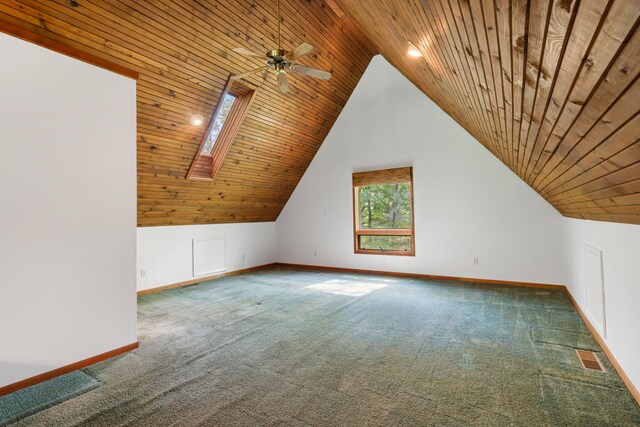 bonus room featuring carpet floors, baseboards, vaulted ceiling, wooden ceiling, and a ceiling fan