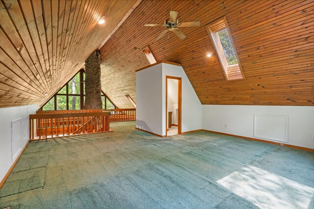 bonus room with ceiling fan, a skylight, baseboards, lofted ceiling, and carpet