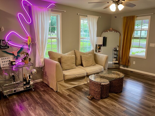 living room with a ceiling fan, wood finished floors, and baseboards