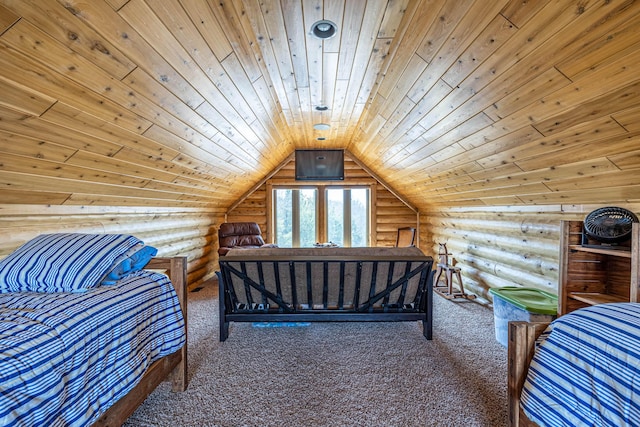 3701 S 1500th Rd, Rich Hill, MO 64779 - bedroom featuring log walls, wood ceiling, carpet floors, and vaulted ceiling