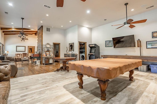 3701 S 1500th Rd, Rich Hill, MO 64779 - rec room with a ceiling fan, wood finished floors, recessed lighting, a towering ceiling, and billiards