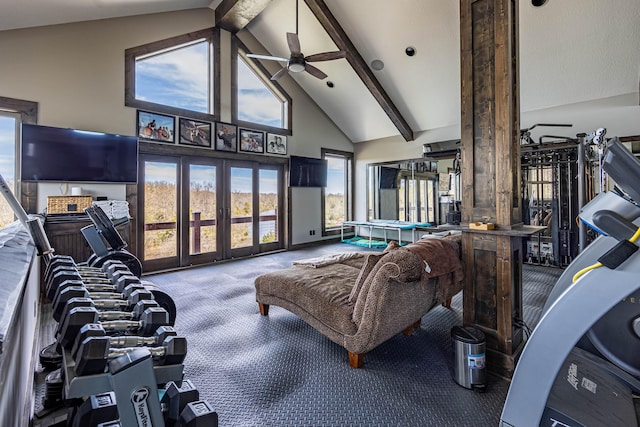 3701 S 1500th Rd, Rich Hill, MO 64779 - carpeted living area with high vaulted ceiling, ceiling fan, healthy amount of natural light, french doors, and beam ceiling