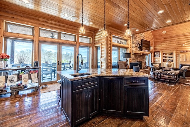 3701 S 1500th Rd, Rich Hill, MO 64779 - kitchen featuring a sink, open floor plan, french doors, recessed lighting, and wooden ceiling