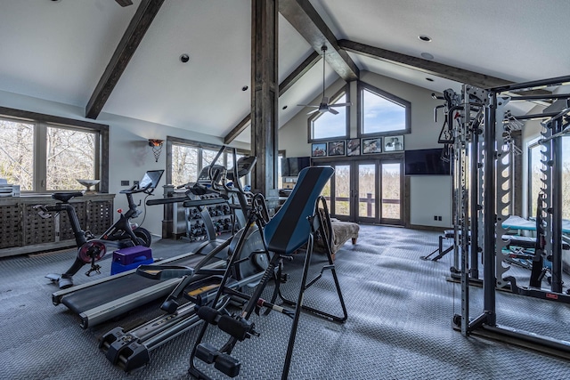 3701 S 1500th Rd, Rich Hill, MO 64779 - workout area featuring french doors, beamed ceiling, carpet floors, healthy amount of natural light, and high vaulted ceiling