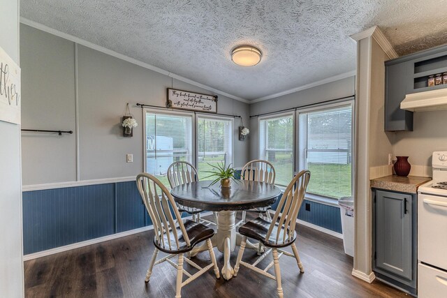 dining space featuring ornamental molding, dark wood-type flooring, a textured ceiling, a wainscoted wall, and baseboards