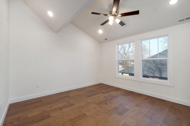 spare room with lofted ceiling, baseboards, dark wood-style flooring, ceiling fan, and recessed lighting