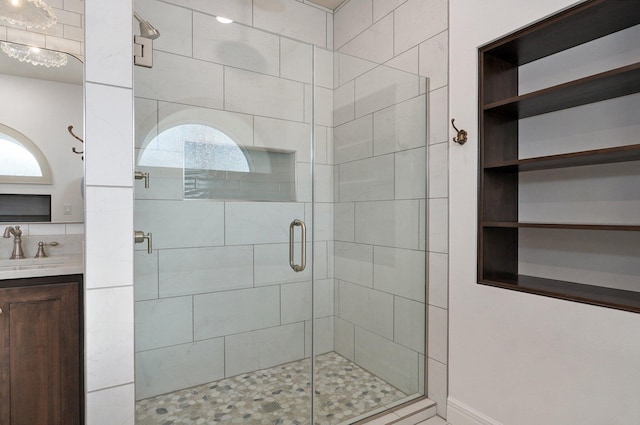 bathroom with a shower stall and vanity