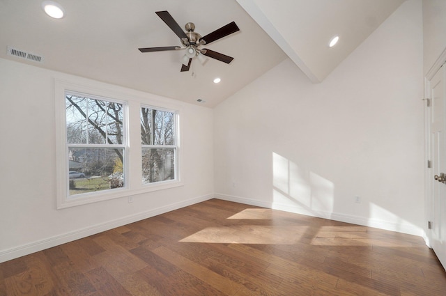empty room with wood finished floors, lofted ceiling, ceiling fan, baseboards, and recessed lighting