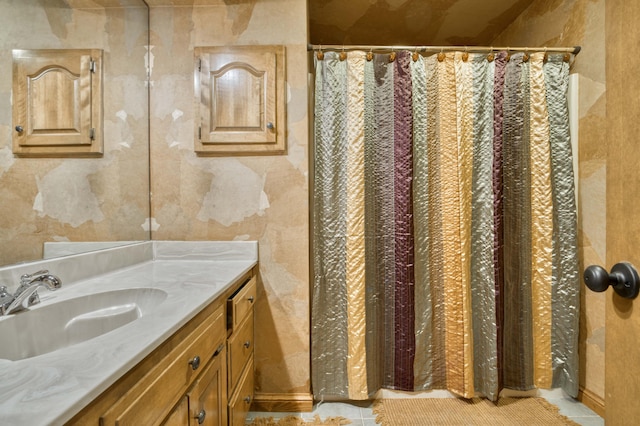 5425 S Westwood Ave, Springfield, MO 65810 - bathroom with vanity, tile patterned floors, and a shower with shower curtain
