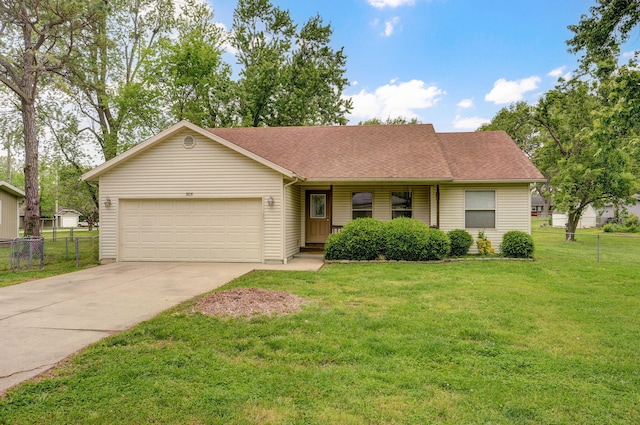 single story home featuring an attached garage, driveway, and a shingled roof