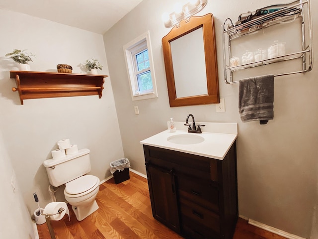 310 W Delta St, Aurora, MO 65605 - half bathroom with wood finished floors, vanity, toilet, and baseboards