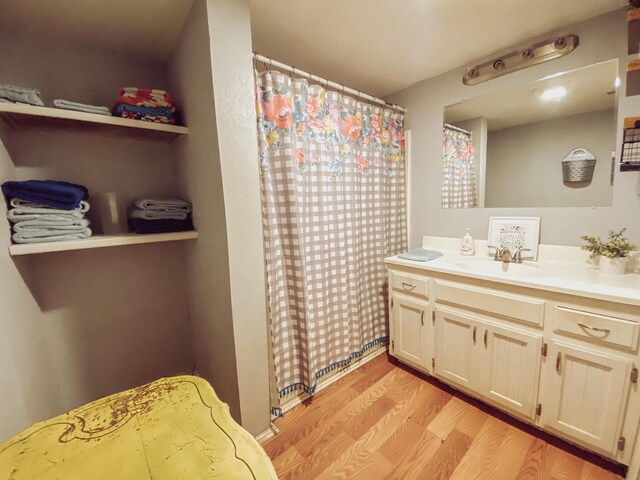 310 W Delta St, Aurora, MO 65605 - full bathroom featuring wood finished floors, vanity, and curtained shower