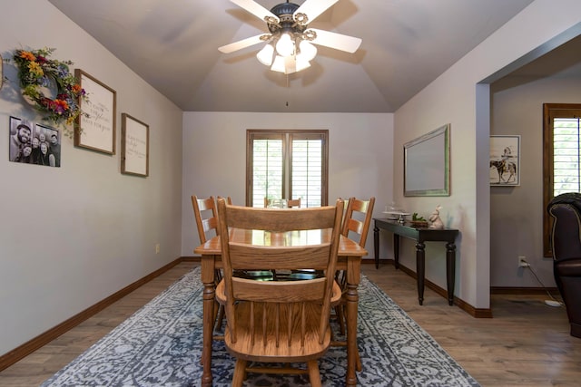 1918 E Buena Vista St, Springfield, MO 65804 - dining space with healthy amount of natural light, a ceiling fan, light wood-style floors, and vaulted ceiling