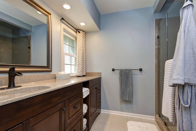 1918 E Buena Vista St, Springfield, MO 65804 - bathroom featuring a shower stall, tile patterned flooring, vanity, and baseboards