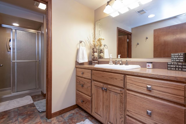 1918 E Buena Vista St, Springfield, MO 65804 - bathroom featuring a shower stall, baseboards, vanity, and stone finish floors
