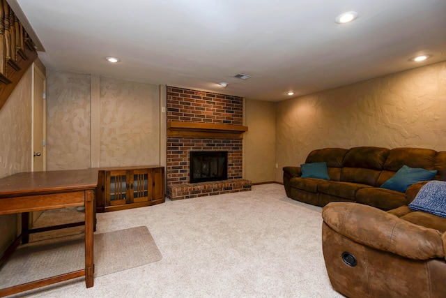 1918 E Buena Vista St, Springfield, MO 65804 - living area featuring carpet floors, a brick fireplace, and recessed lighting