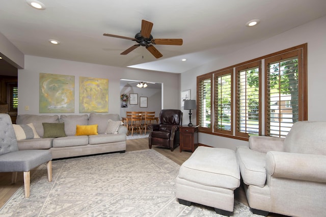 1918 E Buena Vista St, Springfield, MO 65804 - living area with a ceiling fan, wood finished floors, and recessed lighting