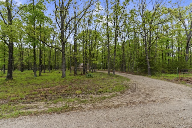 view of road featuring a wooded view