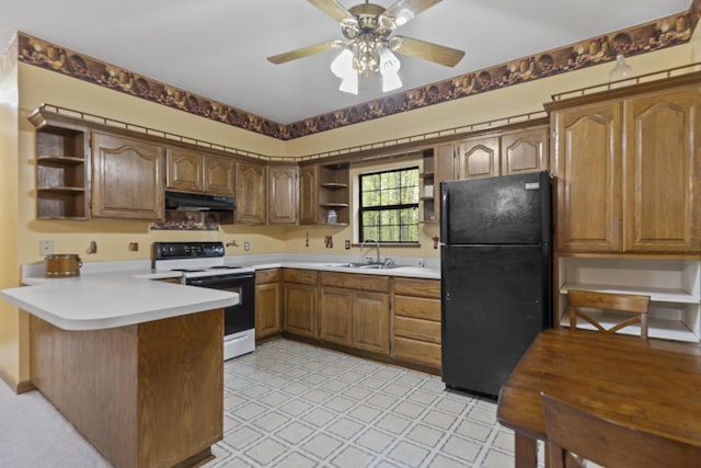 kitchen with open shelves, white electric range, freestanding refrigerator, under cabinet range hood, and a peninsula