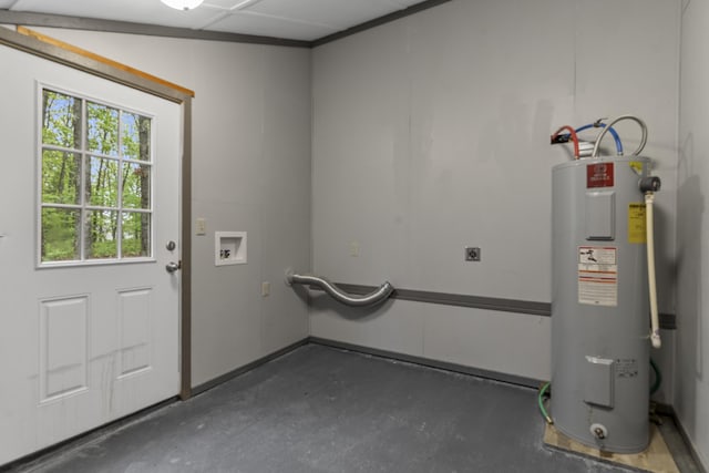 clothes washing area with hookup for an electric dryer, electric water heater, and hookup for a washing machine