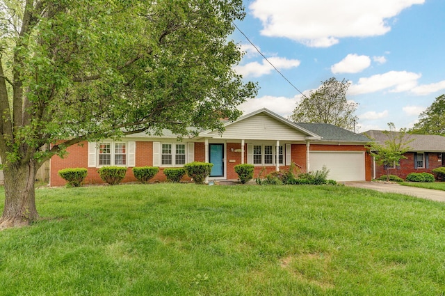 single story home featuring a garage, brick siding, driveway, and a front lawn