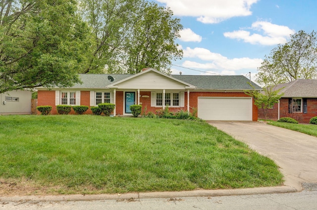 ranch-style house featuring a garage, driveway, brick siding, and a front lawn
