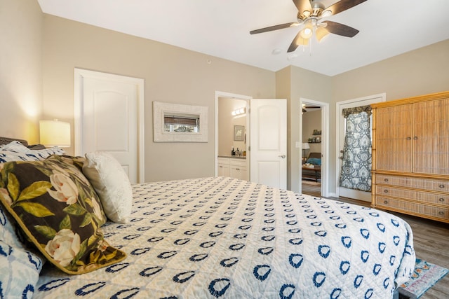 3112 S Vinyards Terrace Parkway Unit 4, Branson, MO 65616 - bedroom featuring wood finished floors, ceiling fan, and ensuite bathroom