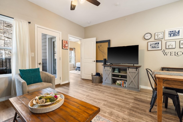 3112 S Vinyards Terrace Parkway Unit 4, Branson, MO 65616 - living room with ceiling fan, wood finished floors, and baseboards