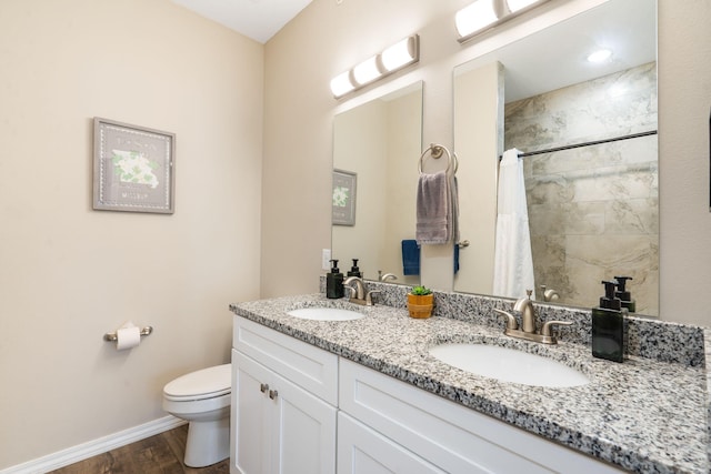 3112 S Vinyards Terrace Parkway Unit 4, Branson, MO 65616 - bathroom featuring toilet, baseboards, wood finished floors, a shower with shower curtain, and double vanity