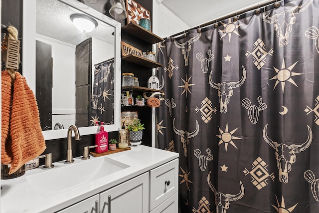 311 S Center St, Fordland, MO 65652 - bathroom with vanity, a textured ceiling, and curtained shower