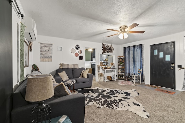 311 S Center St, Fordland, MO 65652 - living area with ceiling fan, a wall mounted air conditioner, carpet floors, and a textured ceiling