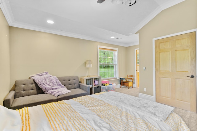 carpeted bedroom with ornamental molding, recessed lighting, lofted ceiling, and baseboards
