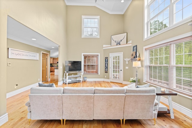 living room featuring crown molding, wood finished floors, baseboards, and a towering ceiling